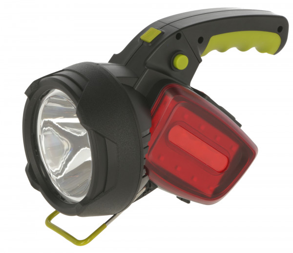 LED Akku-Handscheinwerfer mit Hauptlicht und seitlichen Leuchten, seitliche Leuchte in rot