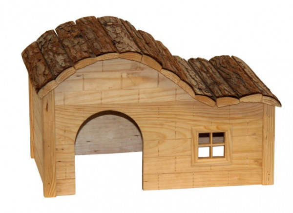 Holzhäuschen mit einem Eingang und Fenster, geschwungenes Dach mit Rinde